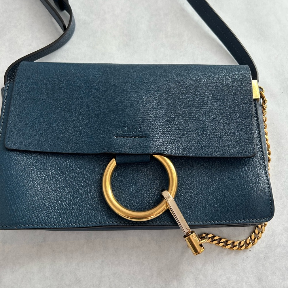 Chloe Faye Blue Crossbody Bag with Gold Details